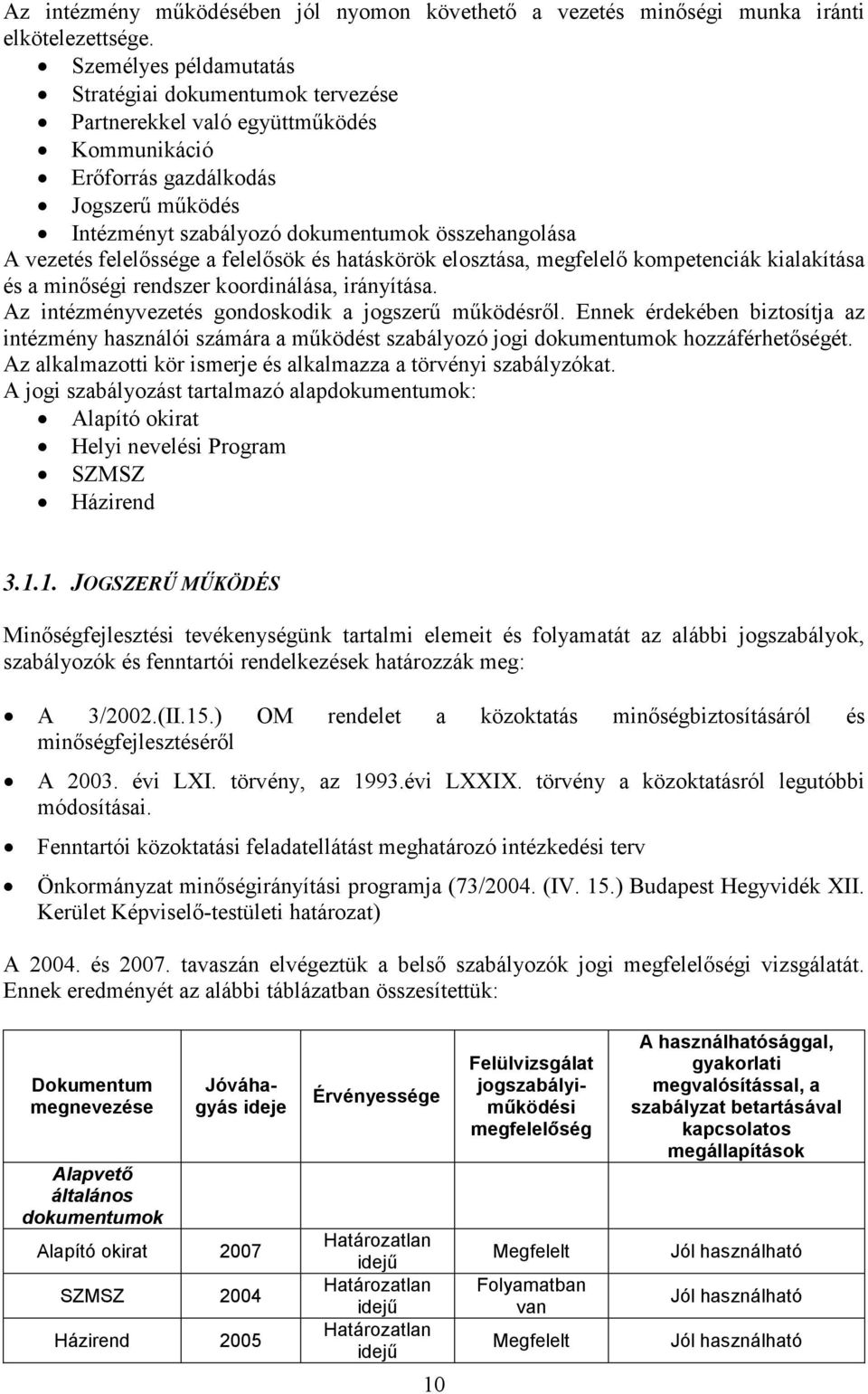 vezetés felelıssége a felelısök és hatáskörök elosztása, megfelelı kompetenciák kialakítása és a minıségi rendszer koordinálása, irányítása. Az intézményvezetés gondoskodik a jogszerő mőködésrıl.