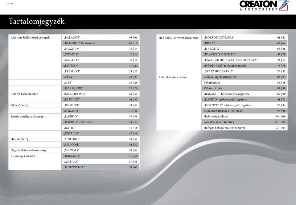 51 52 Nagy felületű eltolható cserép MAXIMA 53 54 Különleges formák ROMANO 55 56 ANTICO 57 58 HERZZIEGEL 59 Hódfarkú/Hornyolt HORTOBÁGY/RÓNA 61 62 RÓNA 63 64 HARGITA 65 66 KLASSIK/AMBIENTE 67 70