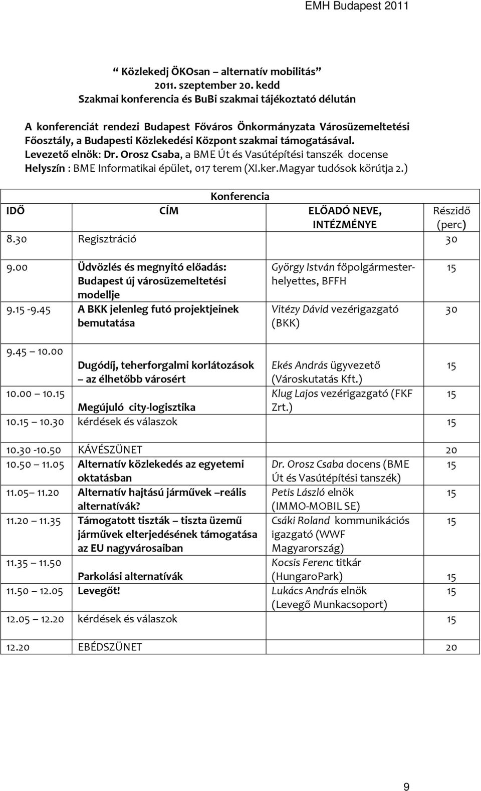 Levezető elnök: Dr. Orosz Csaba, a BME Út és Vasútépítési tanszék docense Helyszín : BME Informatikai épület, 017 terem (XI.ker.Magyar tudósok körútja 2.