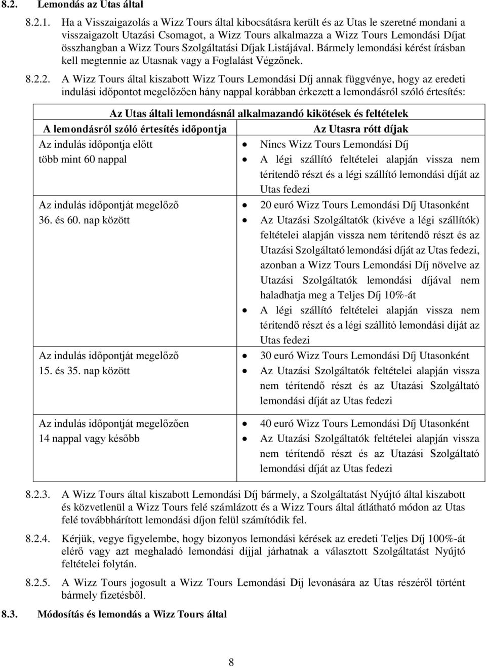 Tours Szolgáltatási Díjak Listájával. Bármely lemondási kérést írásban kell megtennie az Utasnak vagy a Foglalást Végzőnek. 8.2.