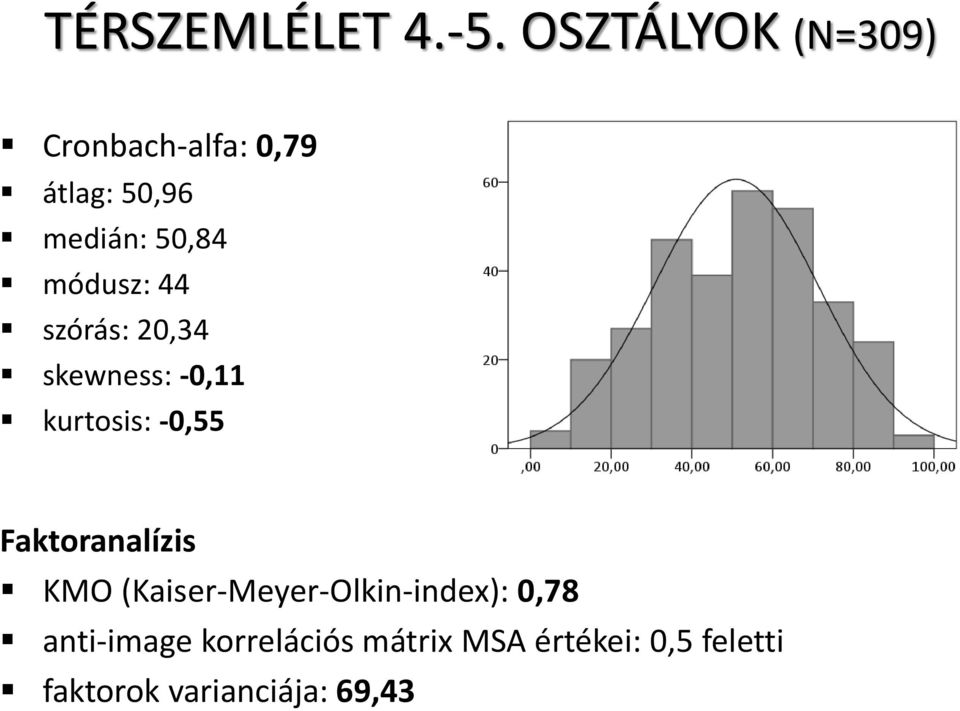 módusz: 44 szórás: 20,34 skewness: -0,11 kurtosis: -0,55