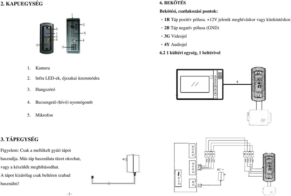 Infra LED-ek, éjszakai üzemmódra 3. Hangszóró 4. Becsengető (hívó) nyomógomb 5. Mikrofon 3.