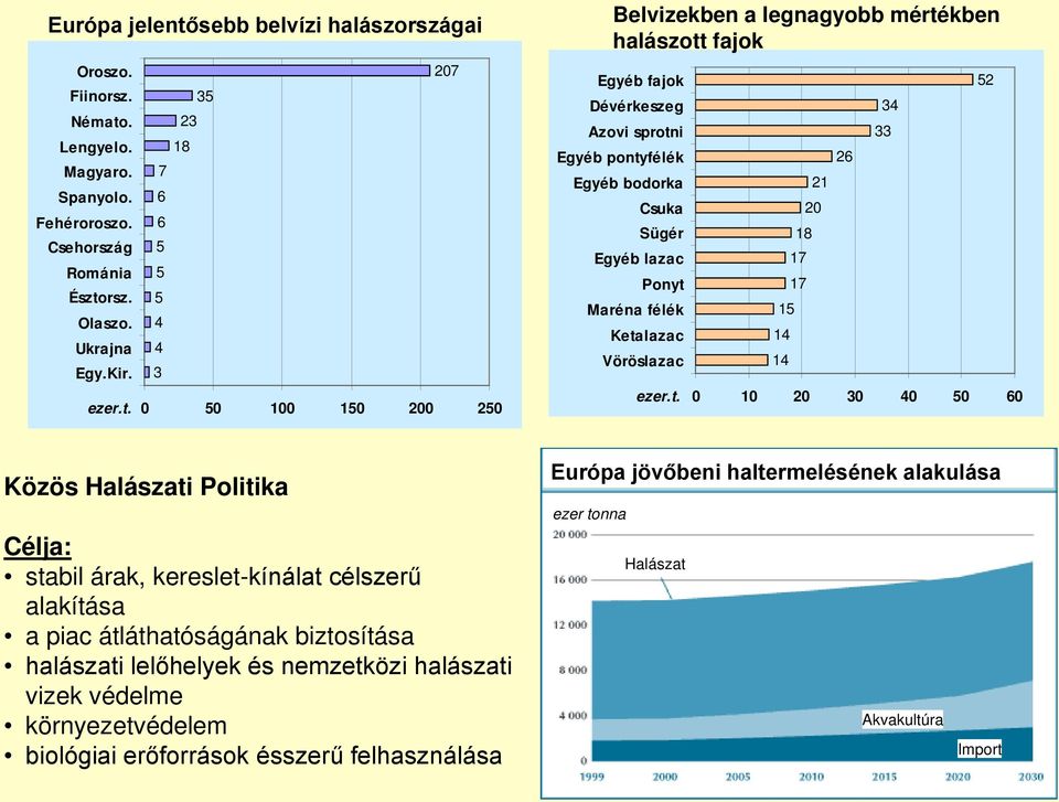 0 50 100 150 200 250 Belvizekben a legnagyobb mértékben halászott fajok Egyéb fajok Dévérkeszeg Azovi sprotni Egyéb pontyfélék Egyéb bodorka Csuka Sügér Egyéb lazac Ponyt Maréna félék Ketalazac