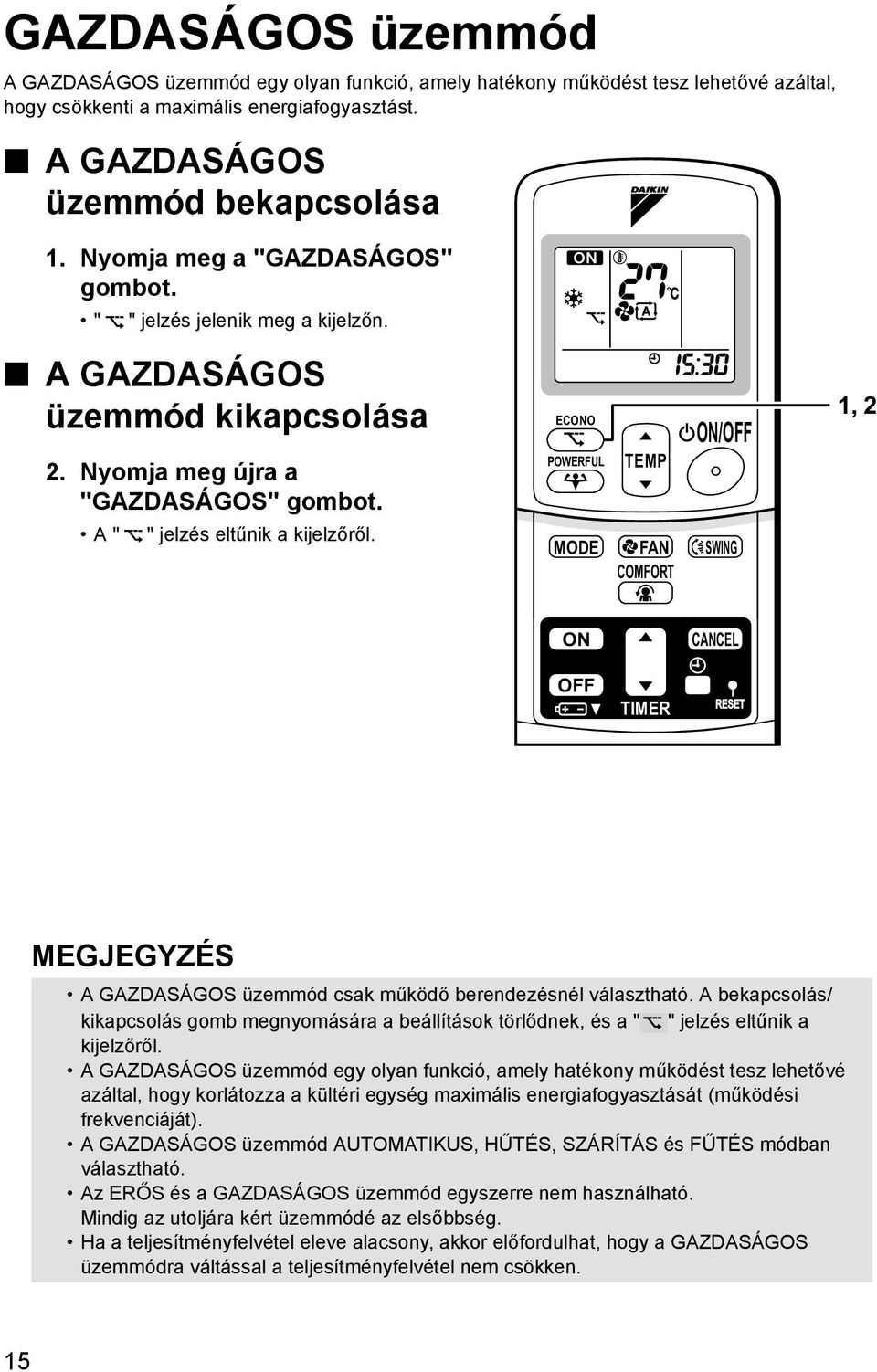 ECONO POWERFUL TEMP ON/OFF MODE FAN SWING COMFORT 1, 2 ON CANCEL OFF TIMER MEGJEGYZÉS A GAZDASÁGOS üzemmód csak működő berendezésnél választható.