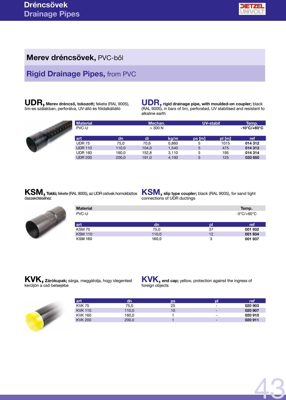 UV-stabil > 300 N -10 C/+60 C art dn di kg/m ps [m] pl [m] ref UDR 75 75,0 70,6 0,860 5 1015 014 312 UDR 110 110,0 104,0 1,540 5 475 014 313 UDR 160 160,0 152,8 3,110 5 195 014 314 UDR 200 200,0