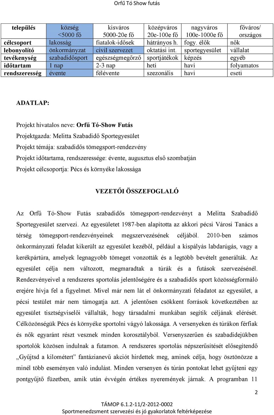 sportegyesület vállalat tevékenység szabadidősport egészségmegőrző sportjátékok képzés egyéb időtartam 1 nap 2-3 nap heti havi folyamatos rendszeresség évente félévente szezonális havi eseti ADATLAP: