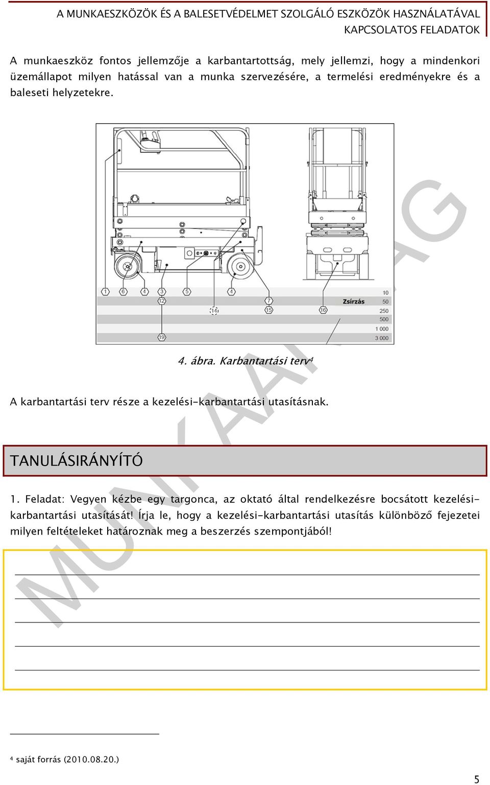 TANULÁSIRÁNYÍTÓ 1. Feladat: Vegyen kézbe egy targonca, az oktató által rendelkezésre bocsátott kezelésikarbantartási utasítását!