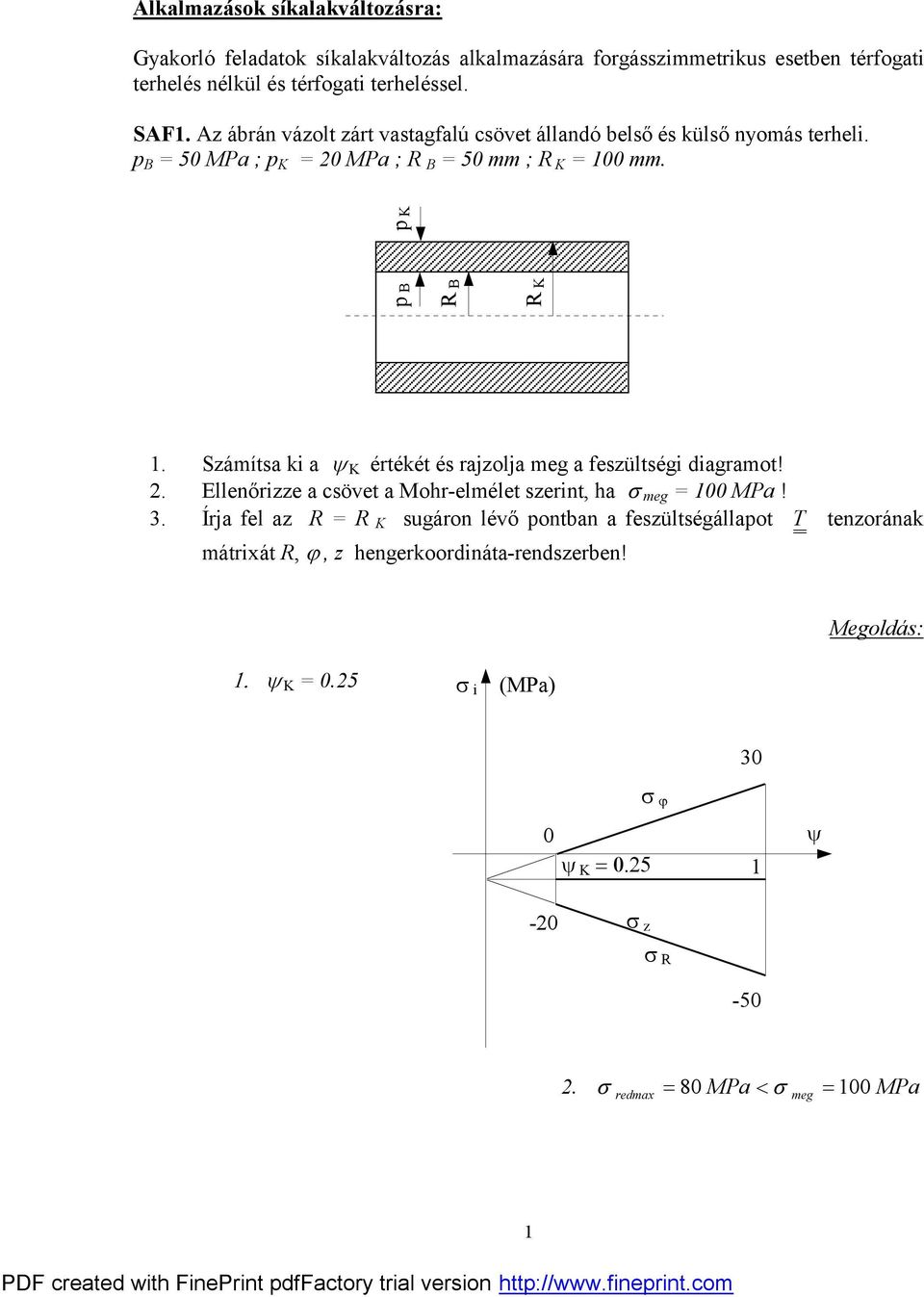 Számítsa ki a K értékét és rajzolja meg a feszültségi diagramot! 2. Ellenőrizze a csövet a Mohr-elmélet szerint, ha s meg = 1 MPa! 3.