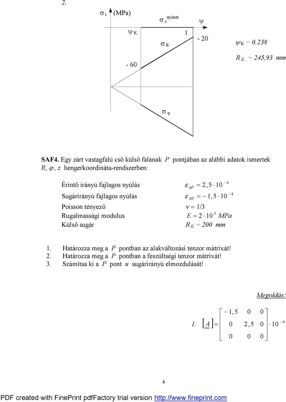 fajlagos nlás e jp e RP = 2,5 1-4 = - 1,5 1 Poisson ténező n = 1/3 Rugalmassági modulus 5 E = 2 1 MPa Külső sugár R K = 2 mm - 4 1.