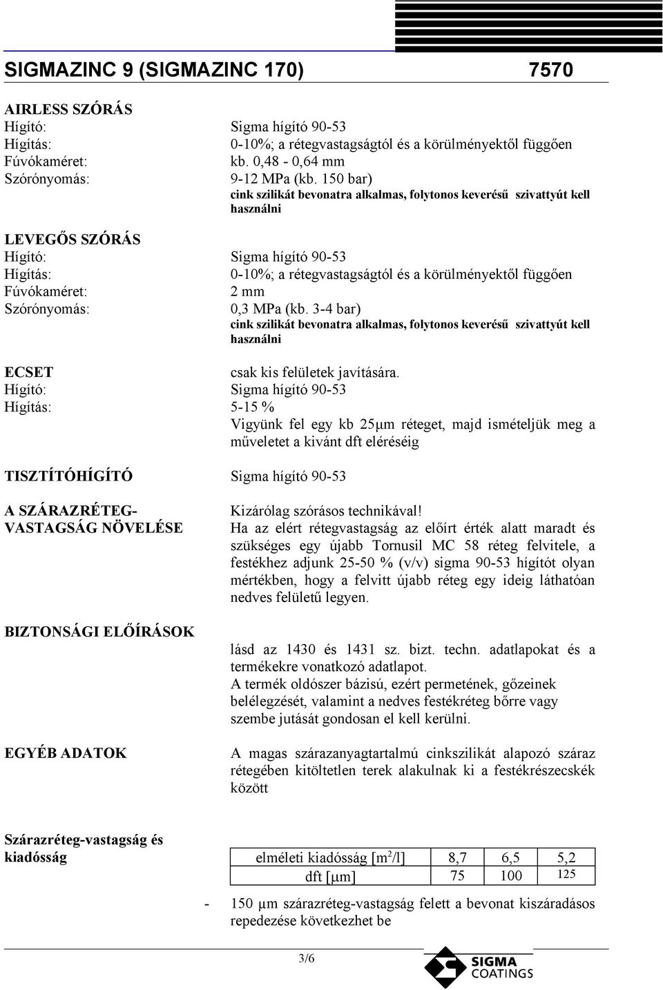 Fúvókaméret: 2 mm Szórónyomás: 0,3 MPa (kb. 3-4 bar) cink szilikát bevonatra alkalmas, folytonos keverésű szivattyút kell használni ECSET csak kis felületek javítására.