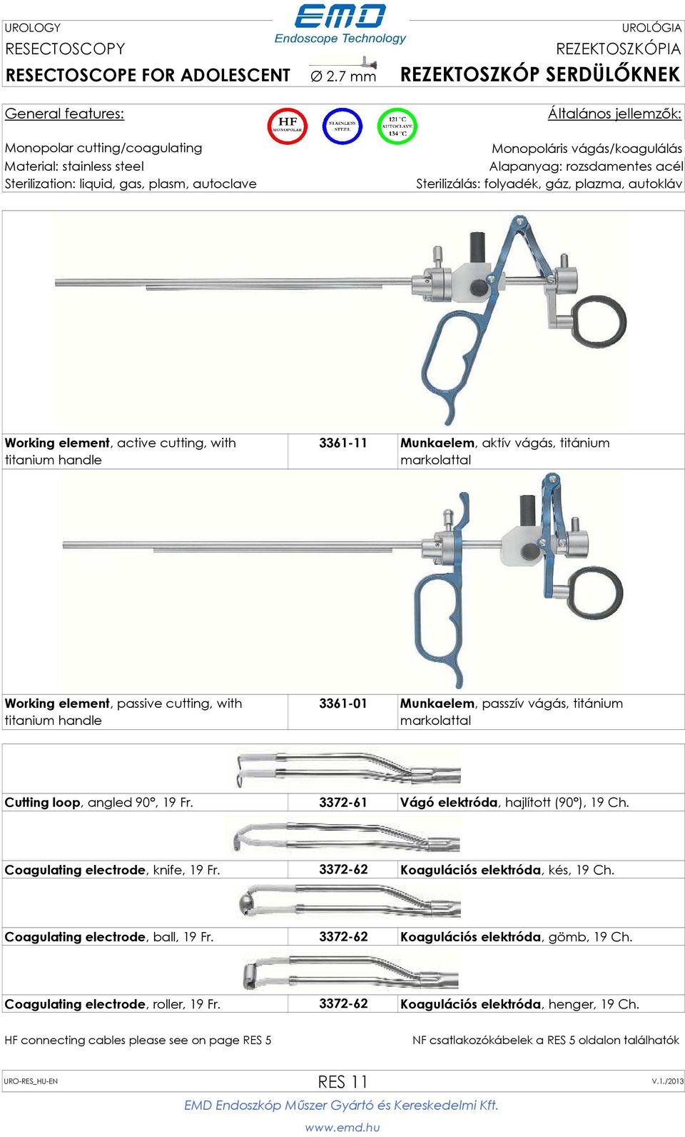 cutting, with titanium handle 3361-01 Munkaelem, passzív vágás, titánium markolattal Cutting loop, angled 90, 19 Fr. 3372-61 Vágó elektróda, hajlított (90 ), 19 Ch.