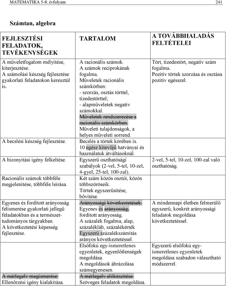 Egyenes és fordított arányosság felismerése gyakorlati jellegű feladatokban és a természettudományos tárgyakban. A következtetési képesség A mérlegelv megismerése. Ellenőrzési igény kialakítása.