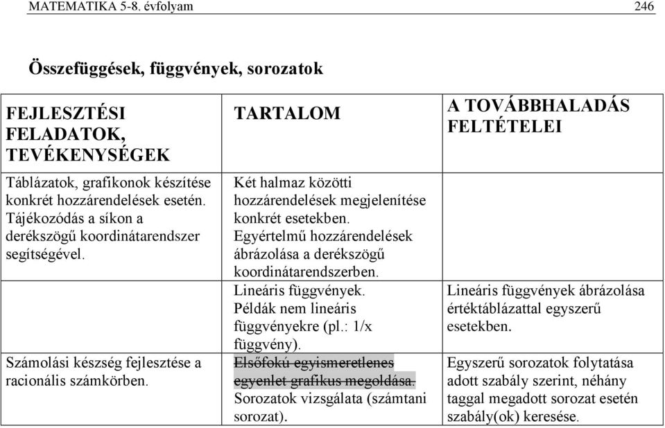 Két halmaz közötti hozzárendelések megjelenítése konkrét esetekben. Egyértelmű hozzárendelések ábrázolása a derékszögű koordinátarendszerben. Lineáris függvények.