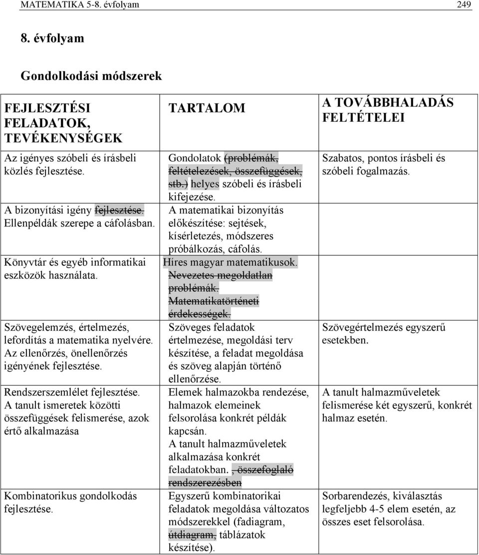 Az ellenőrzés, önellenőrzés igényének Rendszerszemlélet A tanult ismeretek közötti összefüggések felismerése, azok értő alkalmazása Kombinatorikus gondolkodás Gondolatok (problémák, feltételezések,