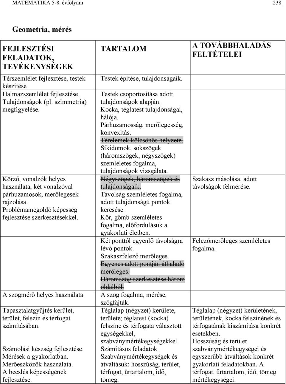 Tapasztalatgyűjtés kerület, terület, felszín és térfogat számításában. Számolási készség Mérések a gyakorlatban. Mérőeszközök használata. A becslés képességének Testek építése, tulajdonságaik.