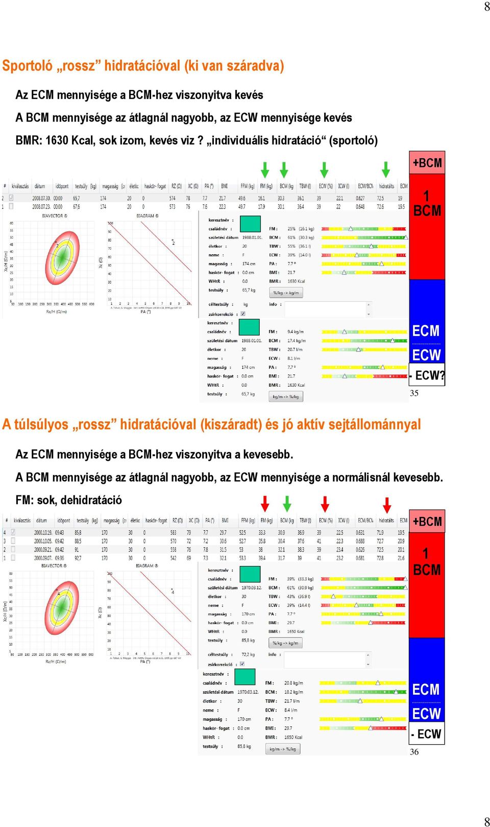 individuális hidratáció (sportoló) +BCM 1 BCM A túlsúlyos rossz hidratációval (kiszáradt) és jó aktív sejtállománnyal Az ECM