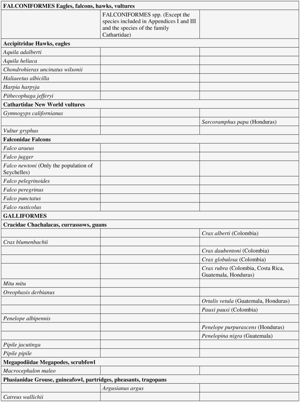 peregrinus Falco punctatus Falco rusticolus GALLIFORMES Cracidae Chachalacas, currassows, guans Crax blumenbachii Mitu mitu Oreophasis derbianus Penelope albipennis Pipile jacutinga Pipile pipile