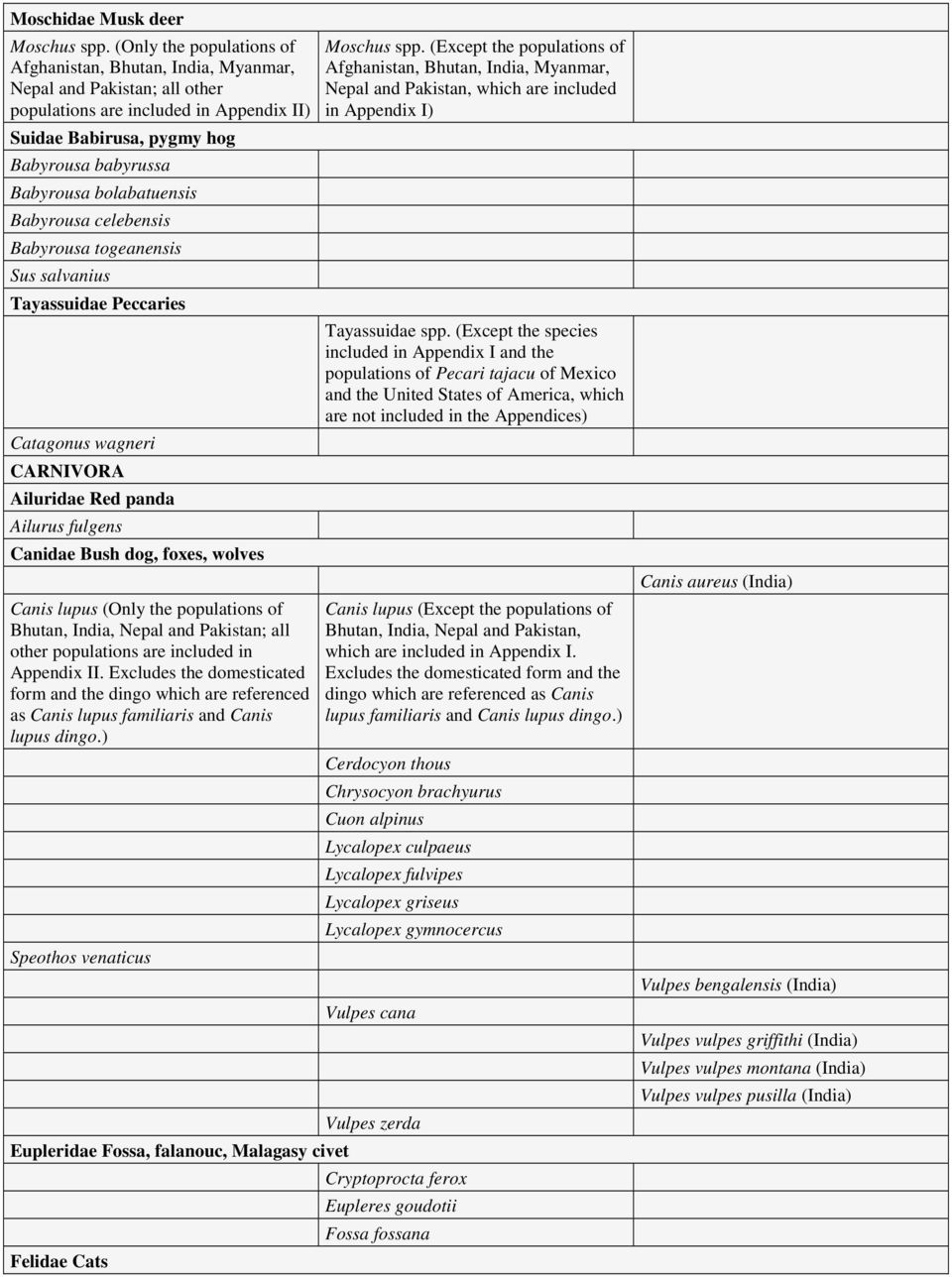 bolabatuensis Babyrousa celebensis Babyrousa togeanensis Sus salvanius Tayassuidae Peccaries Catagonus wagneri CARNIVORA Ailuridae Red panda Ailurus fulgens Canidae Bush dog, foxes, wolves Canis