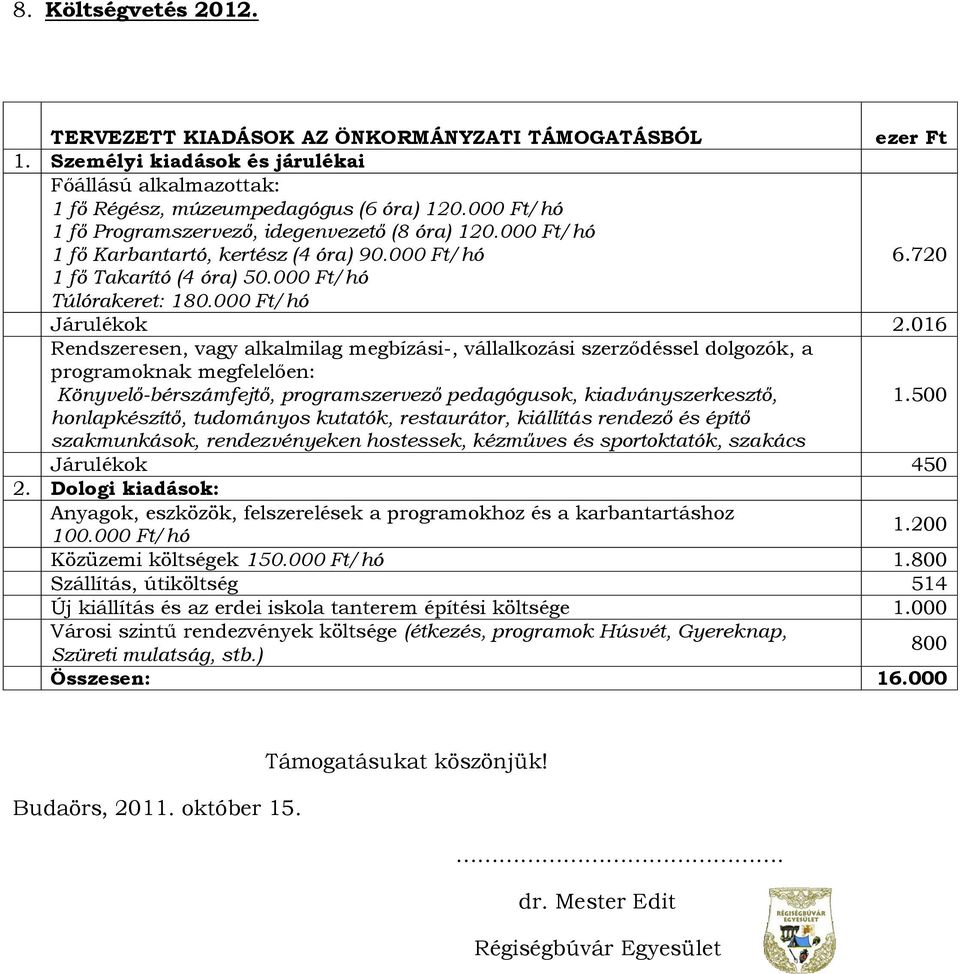 016 Rendszeresen, vagy alkalmilag megbízási-, vállalkozási szerződéssel dolgozók, a programoknak megfelelően: Könyvelő-bérszámfejtő, programszervező pedagógusok, kiadványszerkesztő, 1.