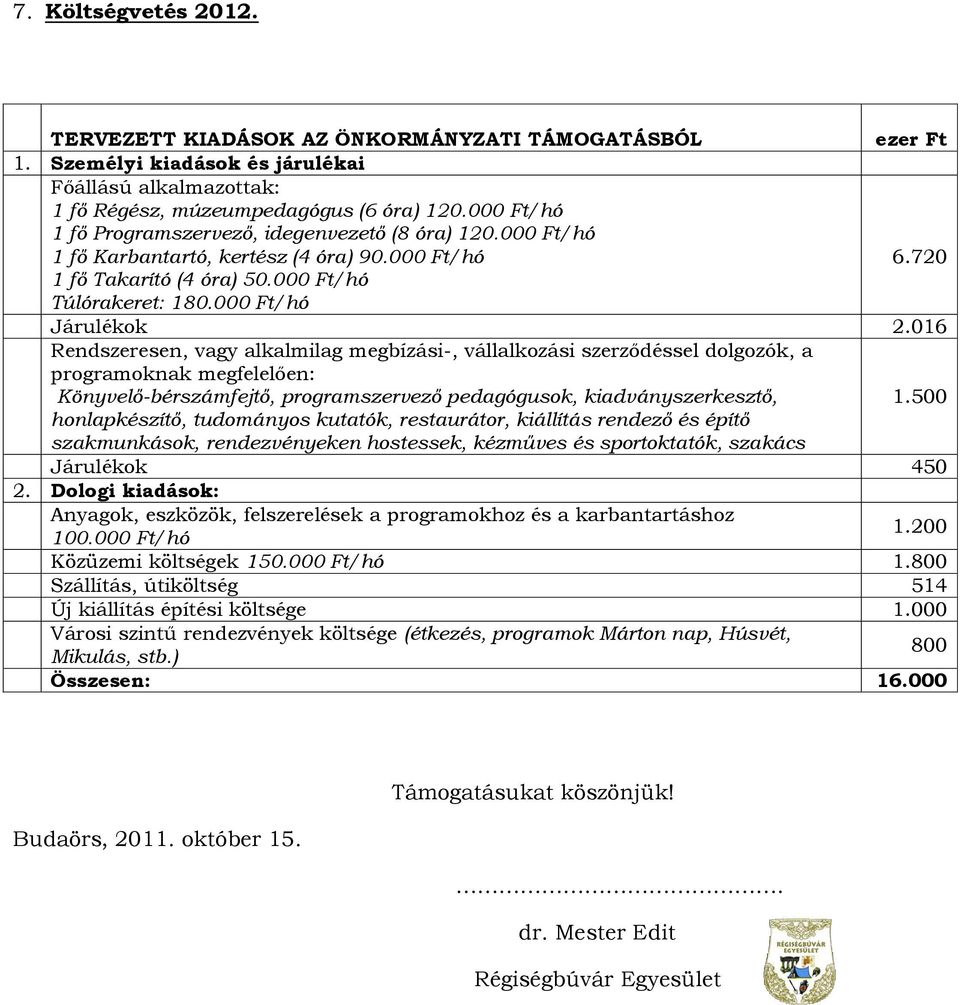 016 Rendszeresen, vagy alkalmilag megbízási-, vállalkozási szerződéssel dolgozók, a programoknak megfelelően: Könyvelő-bérszámfejtő, programszervező pedagógusok, kiadványszerkesztő, 1.