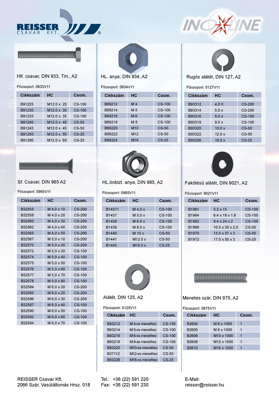 anya, DIN 934, A2 Főcsoport: 0934V11 B89212 M 4 CS-100 B89214 M 5 CS-100 B89216 M 6 CS-100 B89218 M 8 CS-100 B89220 M10 CS-50 B89222 M12 CS-50 B89224 M16 CS-25 Rugós alátét, DIN 127, A2 Főcsoport: