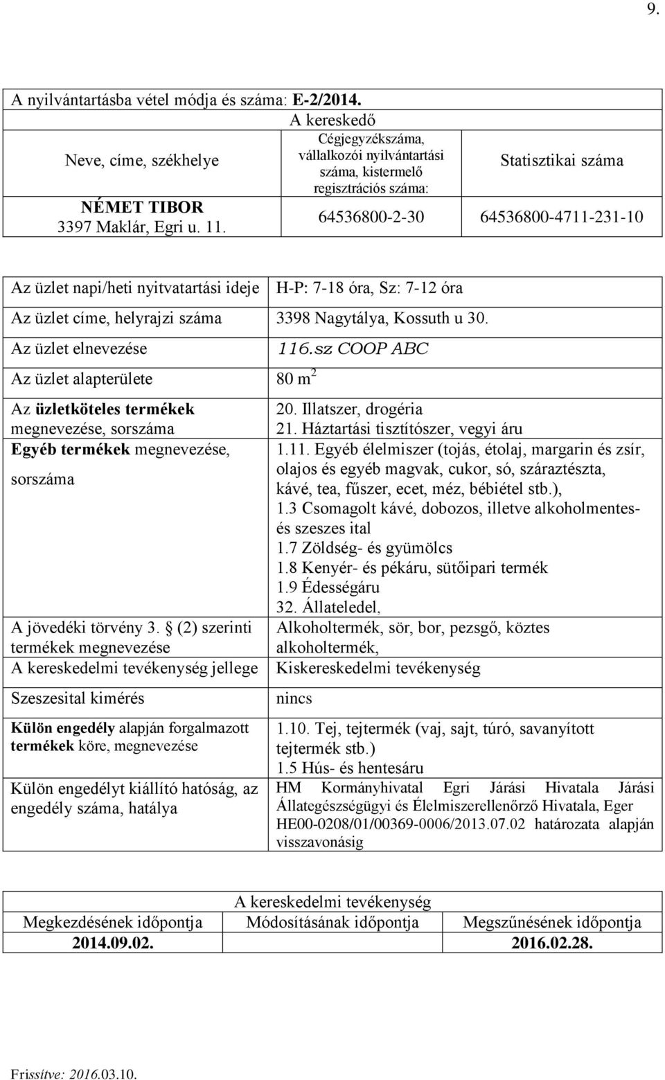 sz COOP ABC 20. Illatszer, drogéria 21. Háztartási tisztítószer, vegyi áru 1.11.