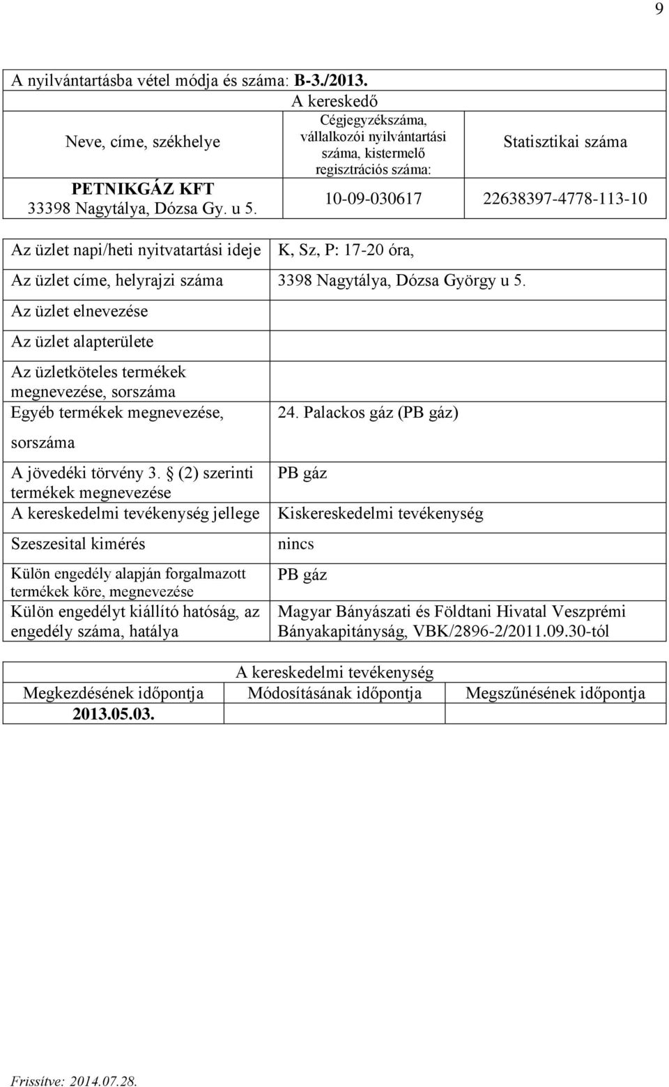 száma 3398 Nagytálya, Dózsa György u 5. Az üzlet alapterülete jellege 24.