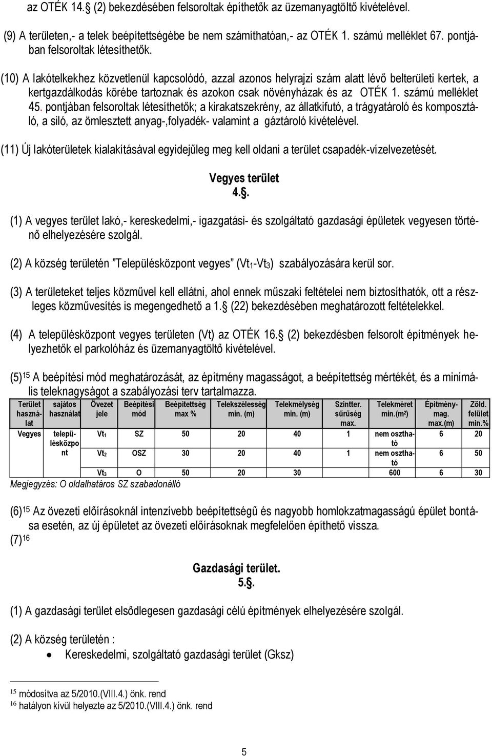 (10) A lakótelkekhez közvetlenül kapcsolódó, azzal azonos helyrajzi szám alatt lévő belterületi kertek, a kertgazdálkodás körébe tartoznak és azokon csak növényházak és az OTÉK 1. számú melléklet 45.