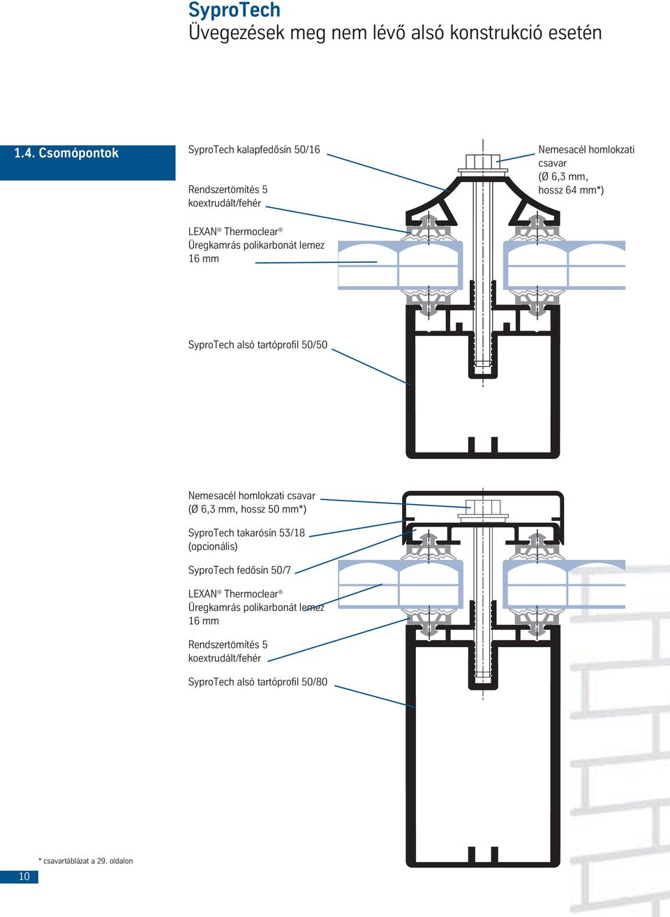 Üregkamrás polikarbonát lemez 16 mm SyproTech alsó tartóprofil 50/50 Nemesacél homlokzati csavar (Ø 6,3 mm, hossz 50