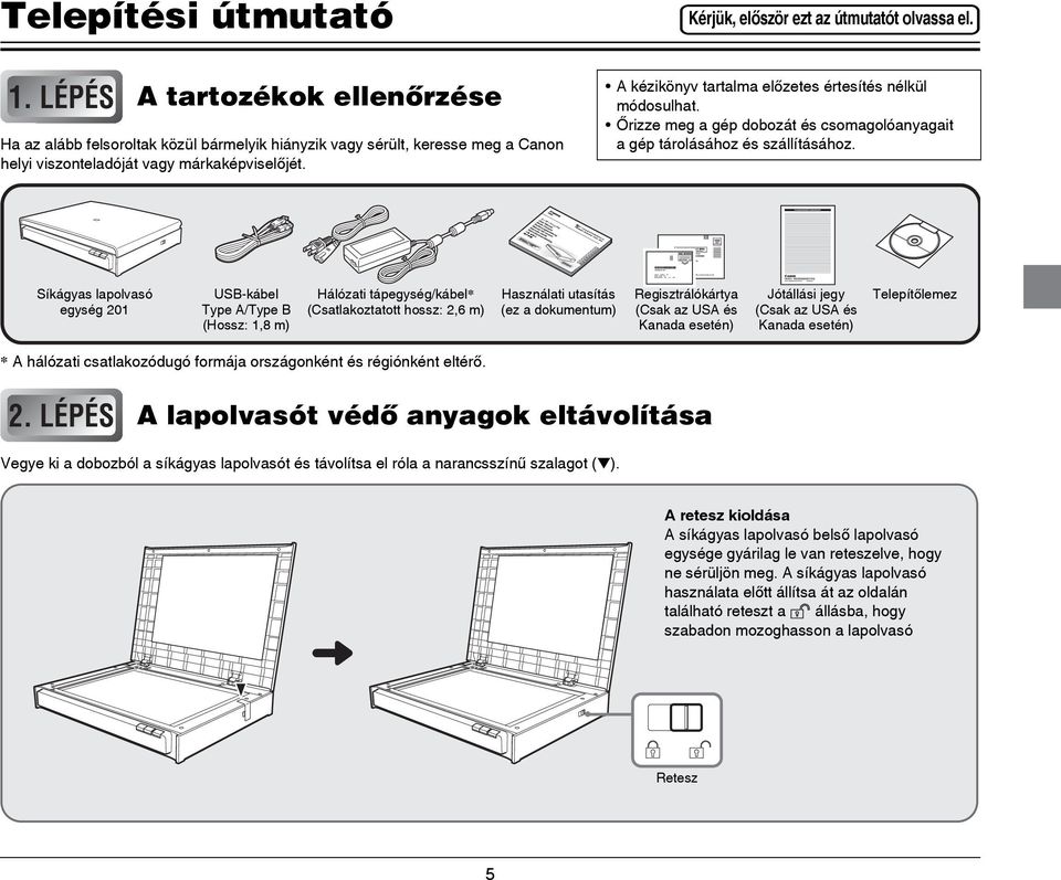 Síkágyas lapolvasó egység 201 USB-kábel Type A/Type B (Hossz: 1,8 m) Hálózati tápegység/kábel* (Csatlakoztatott hossz: 2,6 m) Használati utasítás (ez a dokumentum) Regisztrálókártya (Csak az USA és