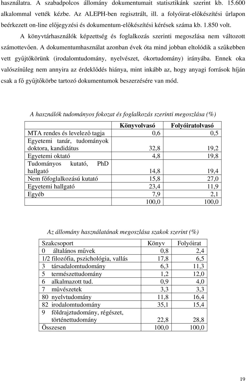 A könyvtárhasználók képzettség és foglalkozás szerinti megoszlása nem változott számottevően.