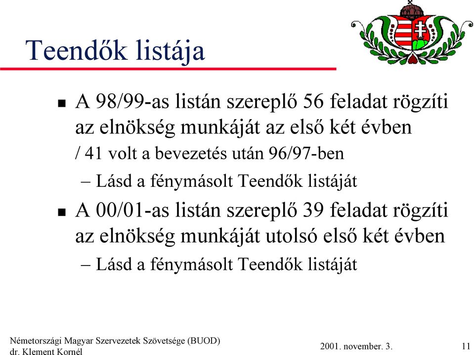 fénymásolt Teendők listáját A 00/01-as listán szereplő 39 feladat rögzíti az