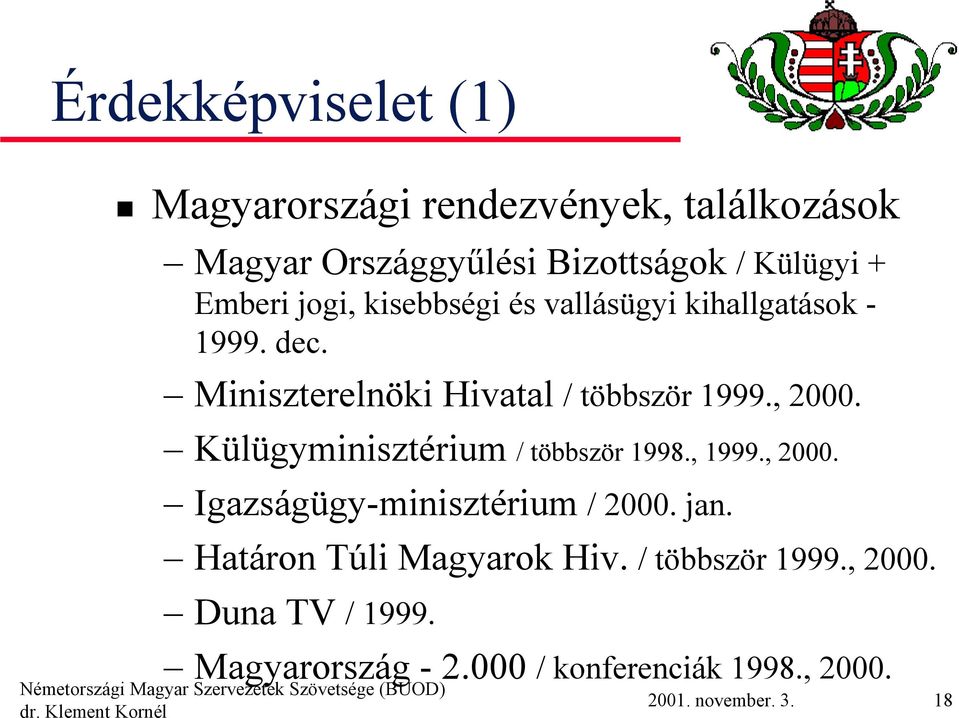 , 2000. Külügyminisztérium / többször 1998., 1999., 2000. Igazságügy-minisztérium / 2000. jan.