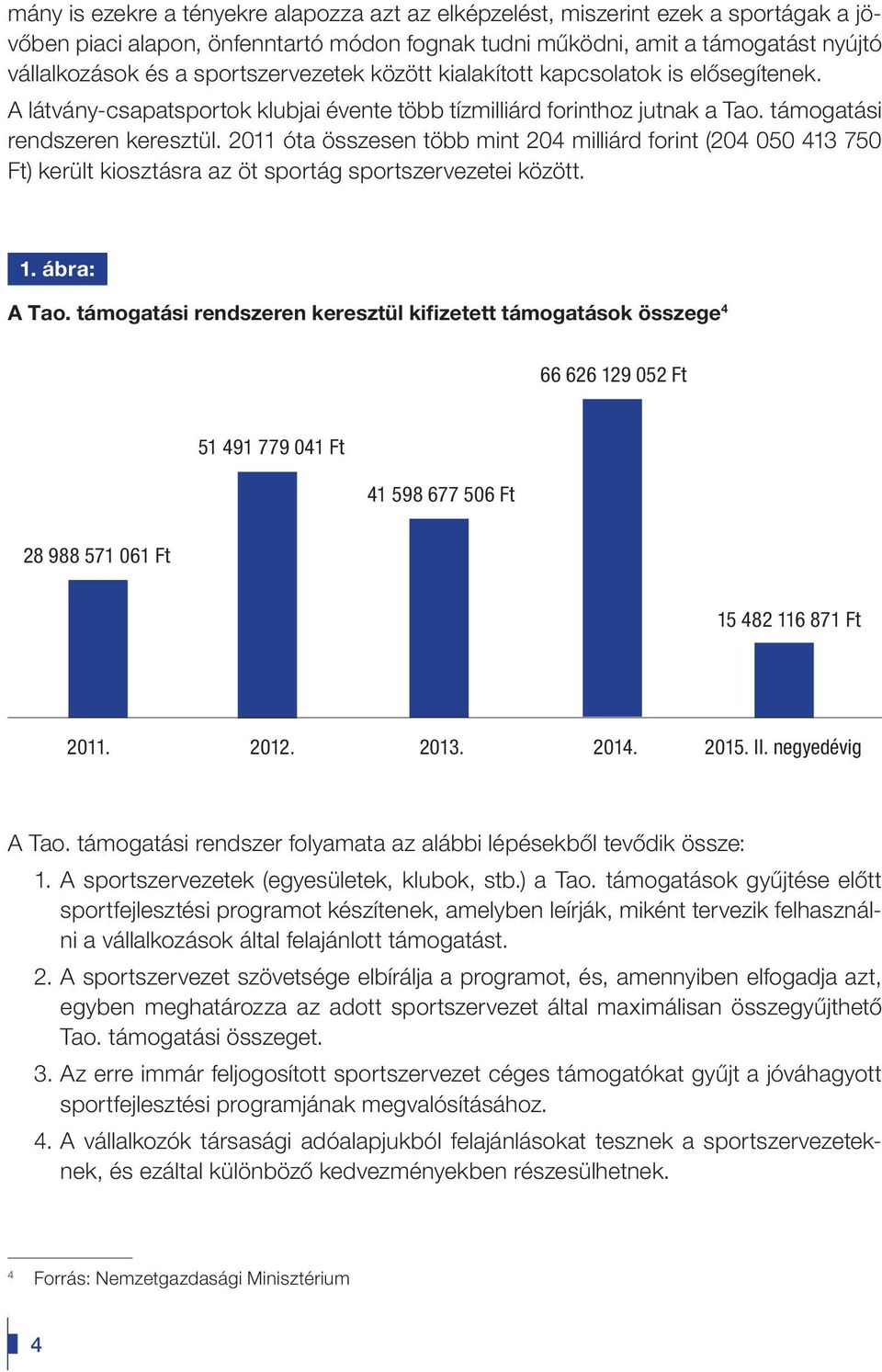 2011 óta összesen több mint 204 milliárd forint (204 050 413 750 Ft) került kiosztásra az öt sportág sportszervezetei között. n1. ábra:n A Tao.