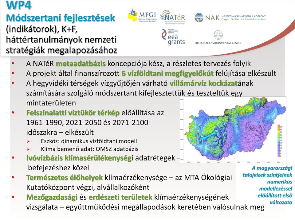 mintaterületen Felszínalatti víztükör térkép előállítása az 1961-1990, 2021-2050 és 2071-2100 időszakra elkészült Eszköz: dinamikus vízföldtani modell Klíma bemenő adat: OMSZ adatbázis Ivóvízbázis