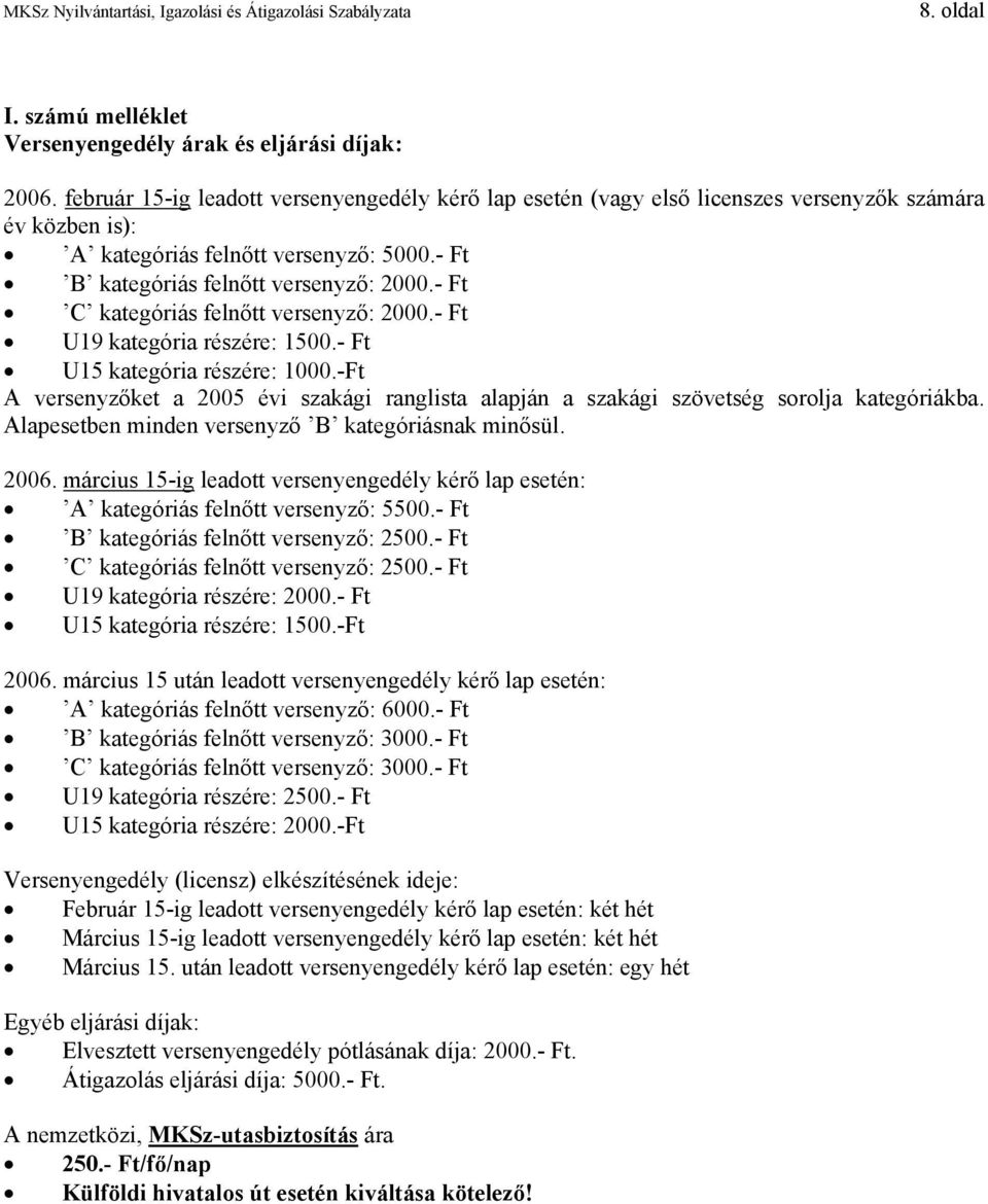 - Ft C kategóriás felnőtt versenyző: 2000.- Ft U19 kategória részére: 1500.- Ft U15 kategória részére: 1000.