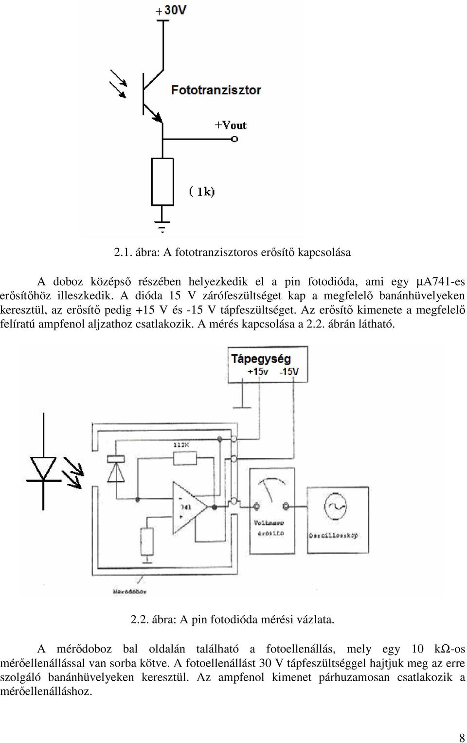 Az erősítő kimenete a megfelelő felíratú ampfenol aljzathoz csatlakozik. A mérés kapcsolása a 2.2. ábrán látható. 2.2. ábra: A pin fotodióda mérési vázlata.