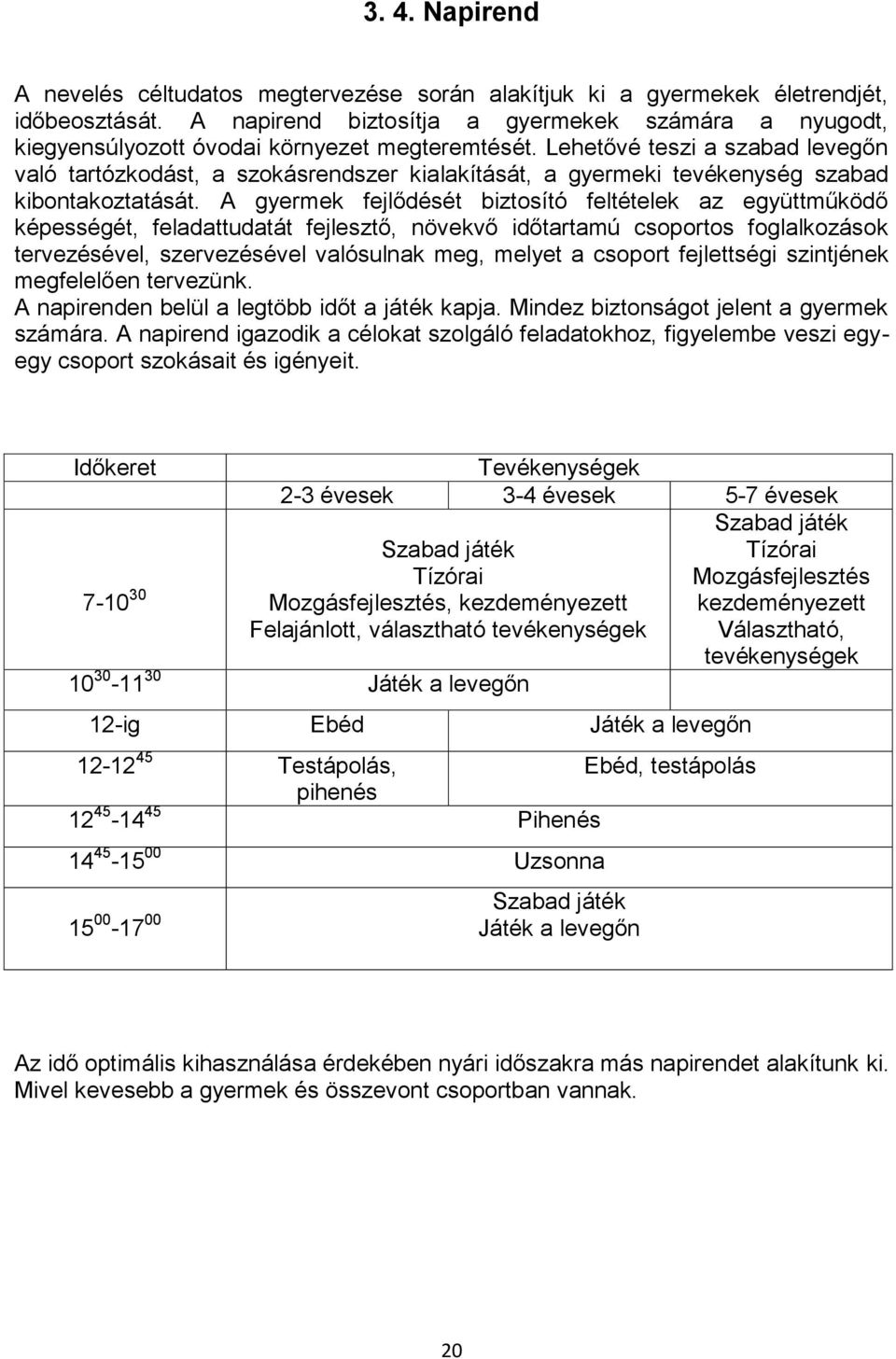 Lehetővé teszi a szabad levegőn való tartózkodást, a szokásrendszer kialakítását, a gyermeki tevékenység szabad kibontakoztatását.