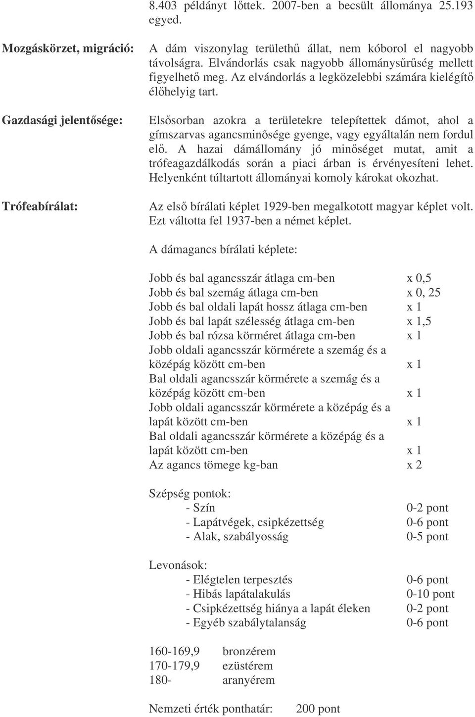 Elssorban azokra a területekre telepítettek dámot, ahol a gímszarvas agancsminsége gyenge, vagy egyáltalán nem fordul el.