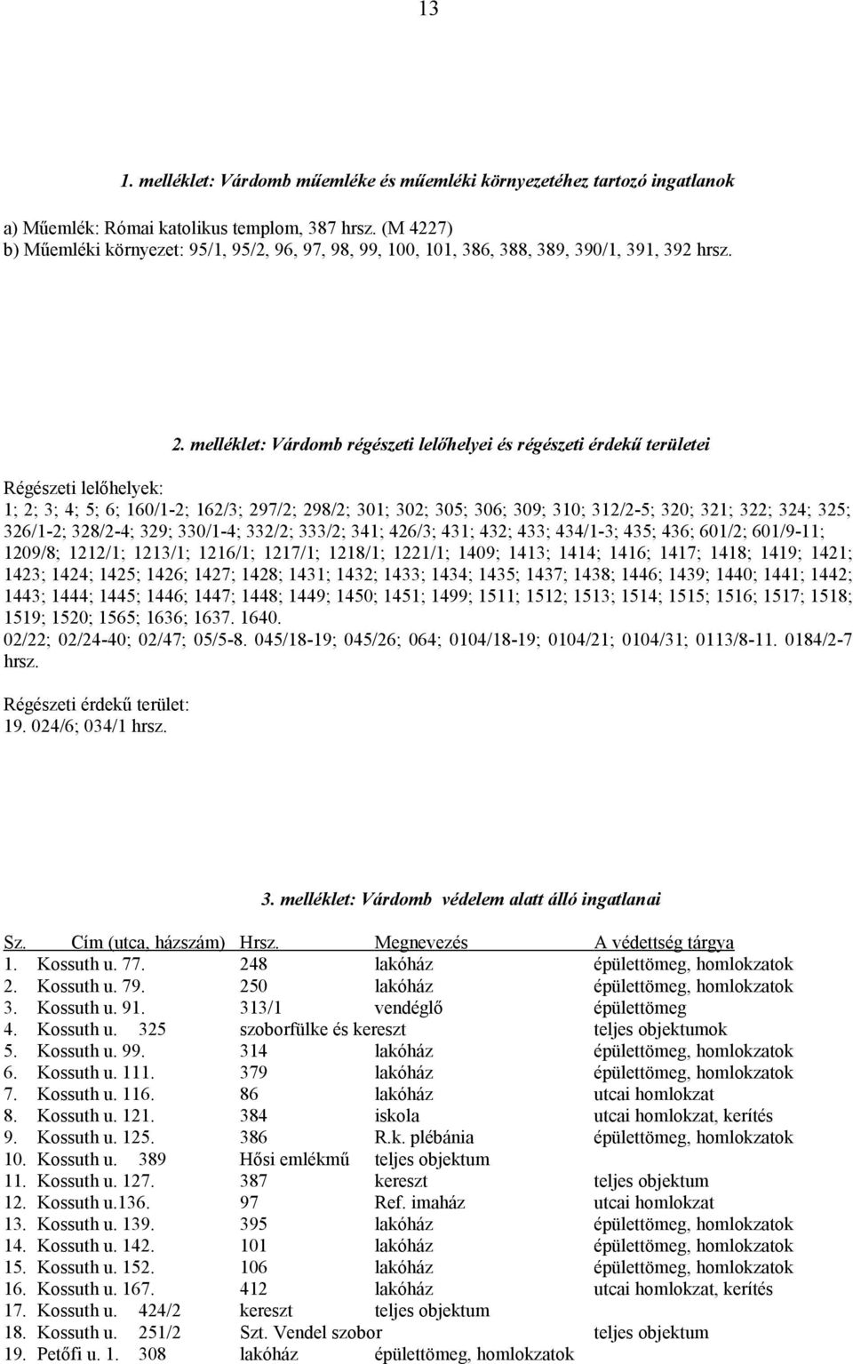 melléklet: Várdomb régészeti lelőhelyei és régészeti érdekű területei Régészeti lelőhelyek: 1; 2; 3; 4; 5; 6; 160/1-2; 162/3; 297/2; 298/2; 301; 302; 305; 306; 309; 310; 312/2-5; 320; 321; 322; 324;