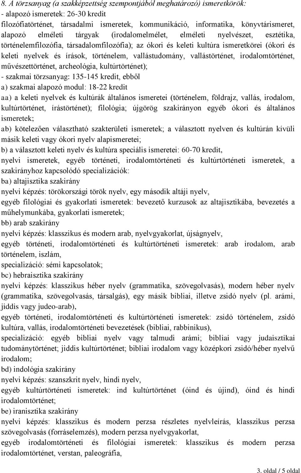 történelem, vallástudomány, vallástörténet, irodalomtörténet, művészettörténet, archeológia, kultúrtörténet); - szakmai törzsanyag: 135-145 kredit, ebből a) szakmai alapozó modul: 18-22 kredit aa) a