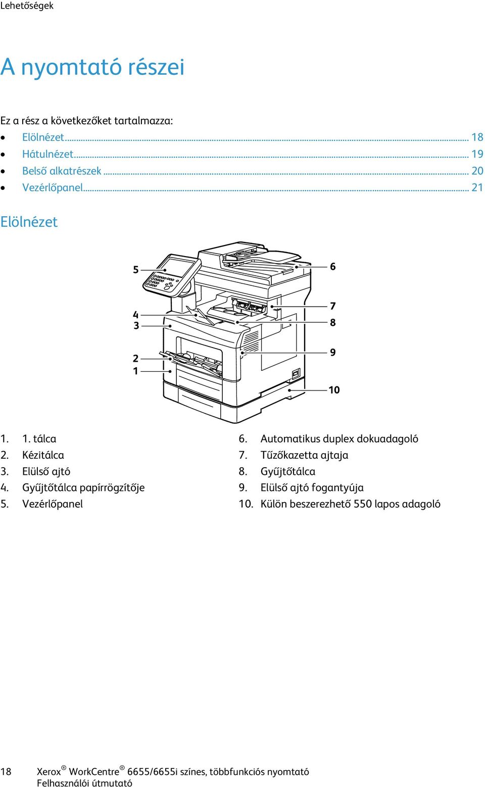 Gyűjtőtálca papírrögzítője 5. Vezérlőpanel 6. Automatikus duplex dokuadagoló 7. Tűzőkazetta ajtaja 8.