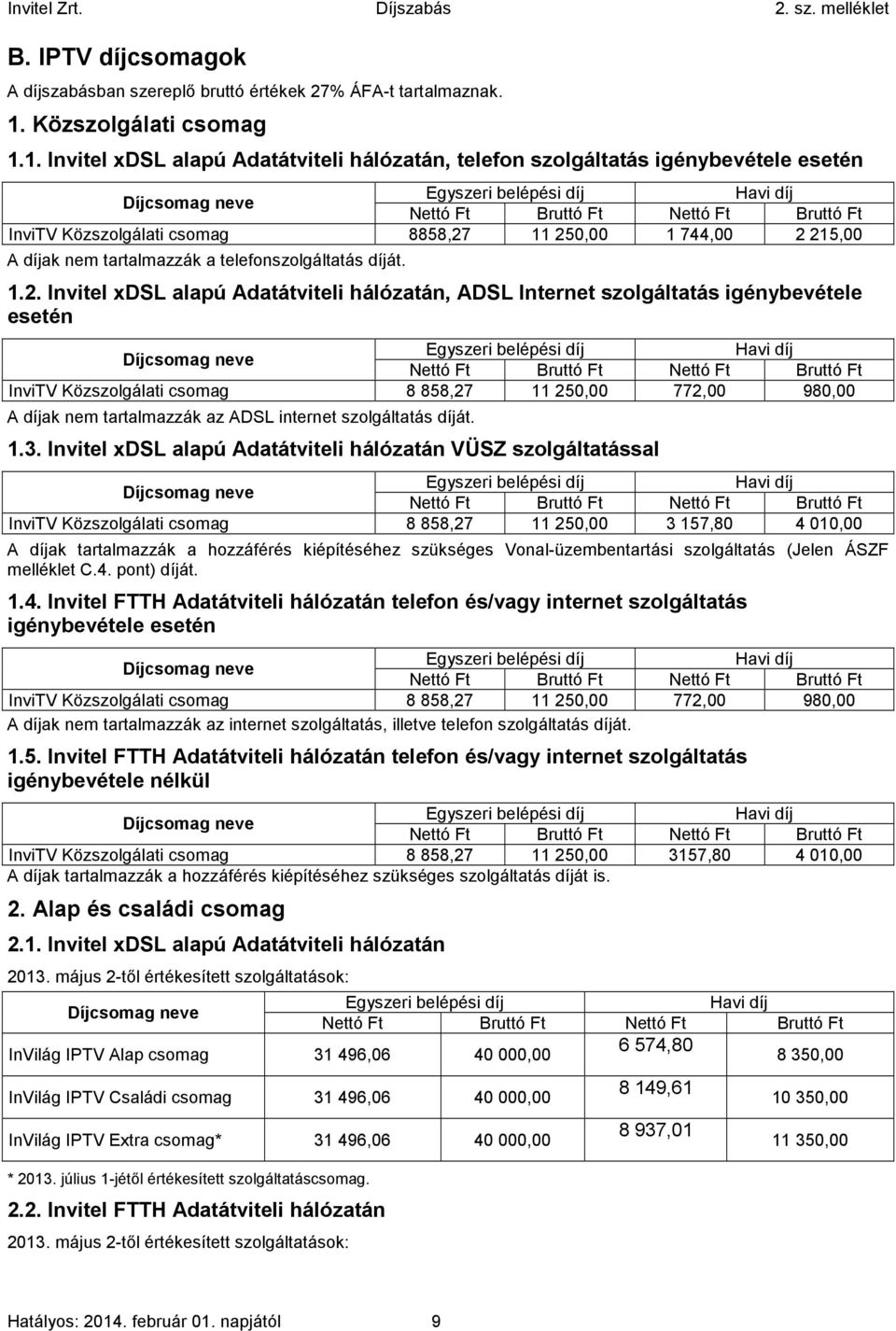 1. Invitel xdsl alapú Adatátviteli hálózatán, telefon szolgáltatás igénybevétele esetén Egyszeri belépési díj Havi díj Díjcsomag neve Nettó Ft Bruttó Ft Nettó Ft Bruttó Ft InviTV Közszolgálati csomag