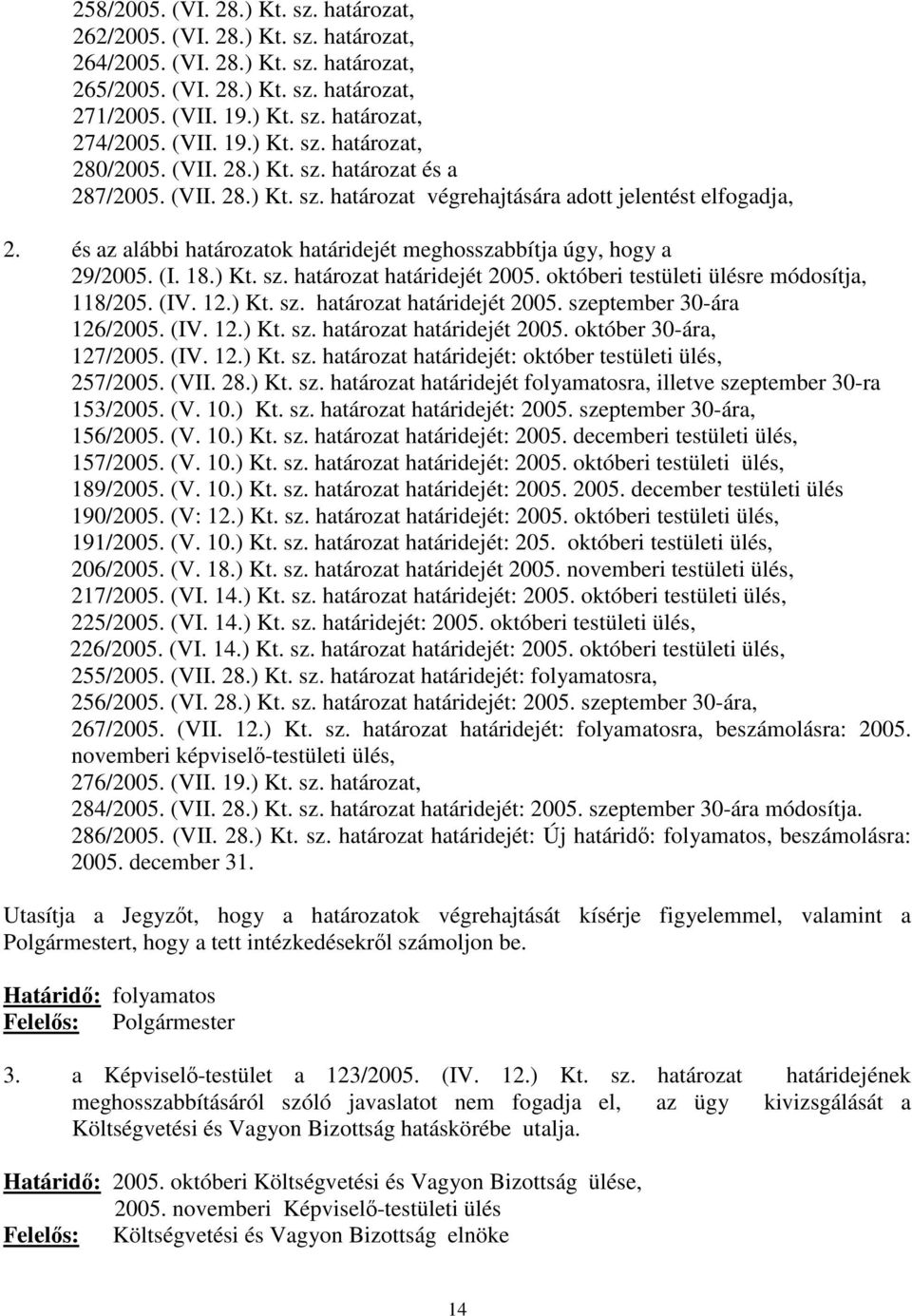 és az alábbi határozatok határidejét meghosszabbítja úgy, hogy a 29/2005. (I. 18.) Kt. sz. határozat határidejét 2005. októberi testületi ülésre módosítja, 118/205. (IV. 12.) Kt. sz. határozat határidejét 2005. szeptember 30-ára 126/2005.