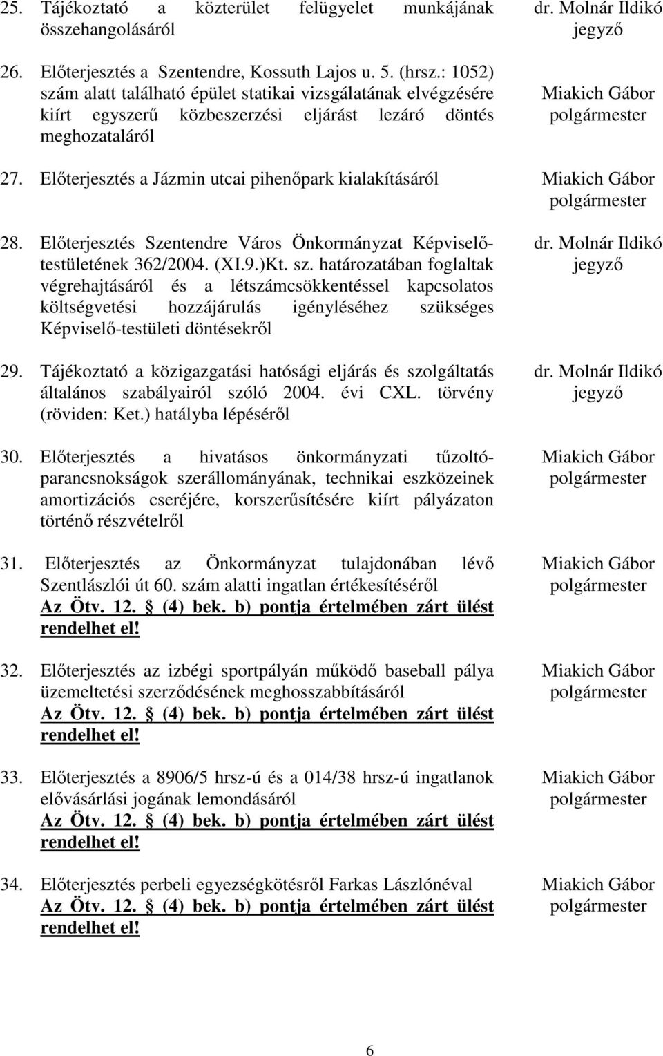 Elterjesztés a Jázmin utcai pihenpark kialakításáról Miakich Gábor polgármester 28. Elterjesztés Szentendre Város Önkormányzat Képviseltestületének 362/2004. (XI.9.)Kt. sz.