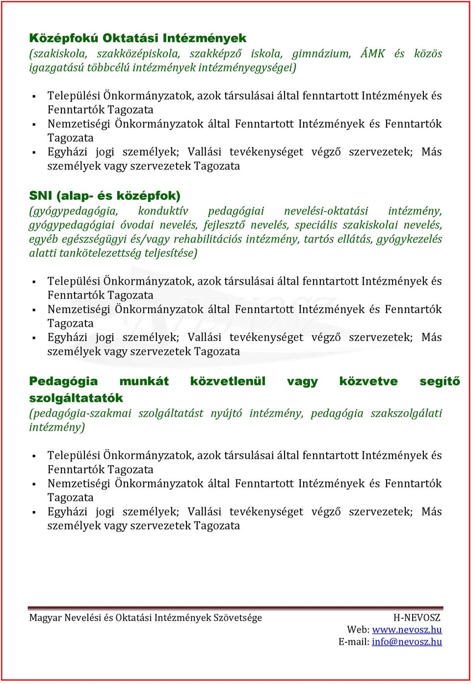 Más személyek vagy szervezetek Tagozata SNI (alap- és középfok) (gyógypedagógia, konduktív pedagógiai nevelési-oktatási intézmény, gyógypedagógiai óvodai nevelés, fejlesztő nevelés, speciális