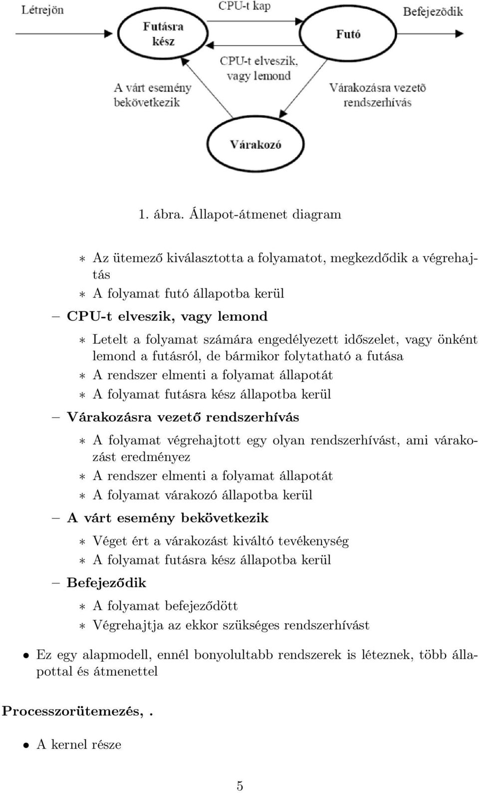 vagy önként lemond a futásról, de bármikor folytatható a futása A rendszer elmenti a folyamat állapotát A folyamat futásra kész állapotba kerül Várakozásra vezető rendszerhívás A folyamat