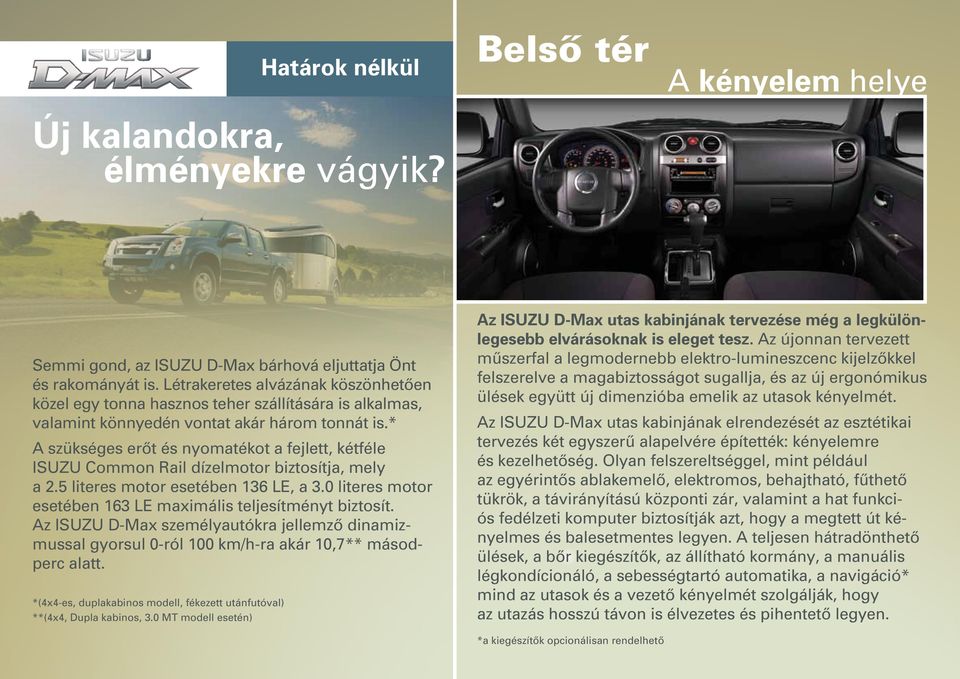 * A szükséges erôt és nyomatékot a fejlett, kétféle ISUZU Common Rail dízelmotor biztosítja, mely a 2.5 literes motor esetében 136 LE, a 3.