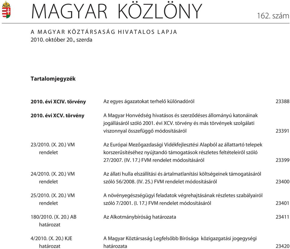 20.) VM rendelet 24/2010. (X. 20.) VM rendelet 25/2010. (X. 20.) VM rendelet 180/2010. (X. 20.) AB határozat 4/2010. (X. 20.) KJE határozat Az Európai Mezõgazdasági Vidékfejlesztési Alapból az állattartó telepek korszerûsítéséhez nyújtandó támogatások részletes feltételeirõl szóló 27/2007.