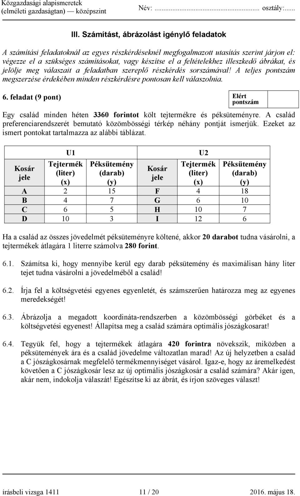 feladat (9 pont) Egy család minden héten 3360 forintot költ tejtermékre és péksüteményre. A család preferenciarendszerét bemutató közömbösségi térkép néhány pontját ismerjük.